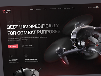 Combat UAV - Landing Page Hero Section app branding buy combat dark dark mode design drone graphic design header hero section landing page typography uav ui ux war weapon web website