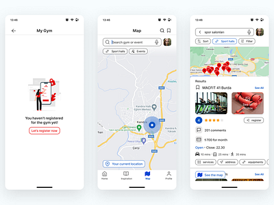 Profile, Gym Detail, FitIn Case Study app application casestudy design designer eventfinder figma figmadesign gym gymapp mobileapp profile sportappcasestudy ui uiux userexperience userinterface ux