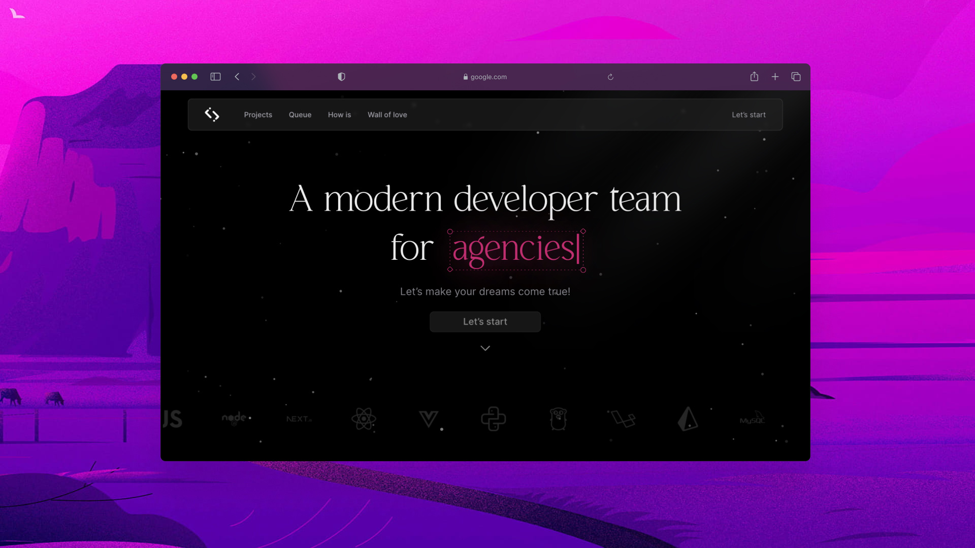 Dark-pink theme agency animation branding dark graphic design illustration logo motion graphics pink startups ui