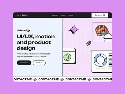 Landing page for designer 🎨 animation brutalism colorful design designer homepage landingpage modern motion graphics neobrutalism portfolio ui uiux ux webdesign website