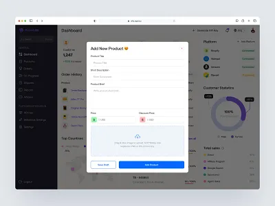 E-commerce Product Listing UI add product analytics bar chart clean dashboard design drag and drop ecommerce dashboard ecommerce product add modal popup product product listing sales dashboard ui design uiux web app web application web application design