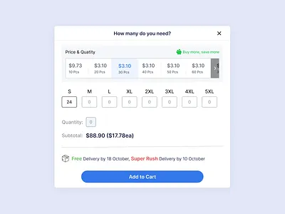 Select the right size and quantity /E-commerce checkout form branding card cart design e commerce form graphic design illustration logo motion graphics pop up quantity size ui ui design