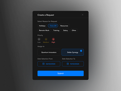 Create Request Modal Dark Mode UI app application dark dark mode design desktop modal startup ui ux
