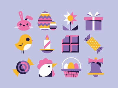 Easter icon set basket bell candle candy chick chocolate design easter eggs flat flower gift hen icon set icons illustration leo alexandre purple rabbit vector