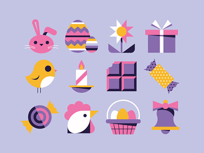 Easter icon set basket bell candle candy chick chocolate design easter eggs flat flower gift hen icon set icons illustration leo alexandre purple rabbit vector
