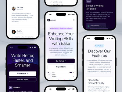 Jotter AI - Mobile Responsive ai app artificial intelligence clean content writer content writing copywriting design landing page minimalist mobile mobile app mobile design saas tool ui ux web website writing assistant