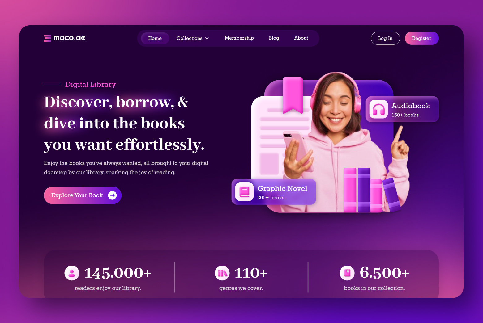 Hero Section Website - Library Web Design Exploration 3d book darkmode design exploration header hero section landing page library ui ui design user interface ux web web design webdesign website