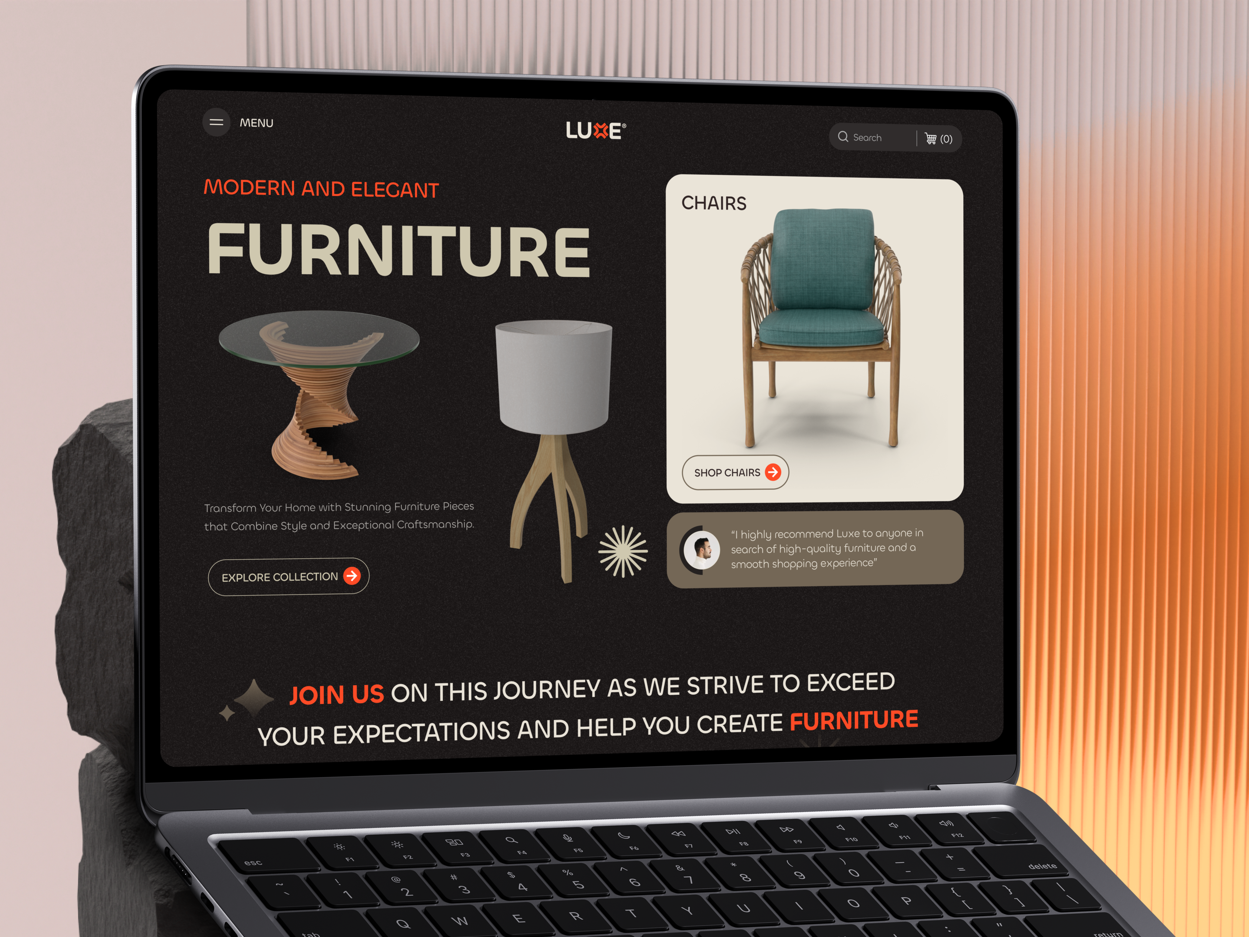 Case Study: LUXE Website Design 2024 branding casestudy chair clean design ecommerce ecommerce website furniture furniture store furniture website landing page minimal onlineshopping shopping ui uiux user interface web website