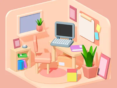 Low Poly Home Office - V2 3d design graphic design illustration low poly room spline