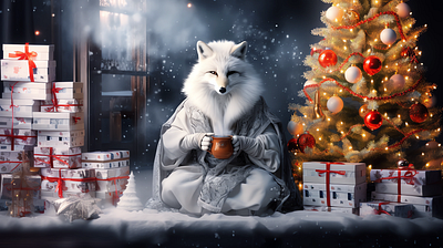 Christmas White Fox graphic design illustration