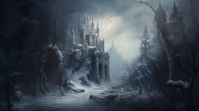 The Haunting Citadel of Ice and Shadows graphic design illustration