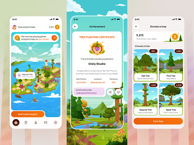 Gamified Tree Planting Charity 🌳 app certificate charity coins design donation forest game gamification illustration island isometric landscape mobile nature orely plant tree ui ux
