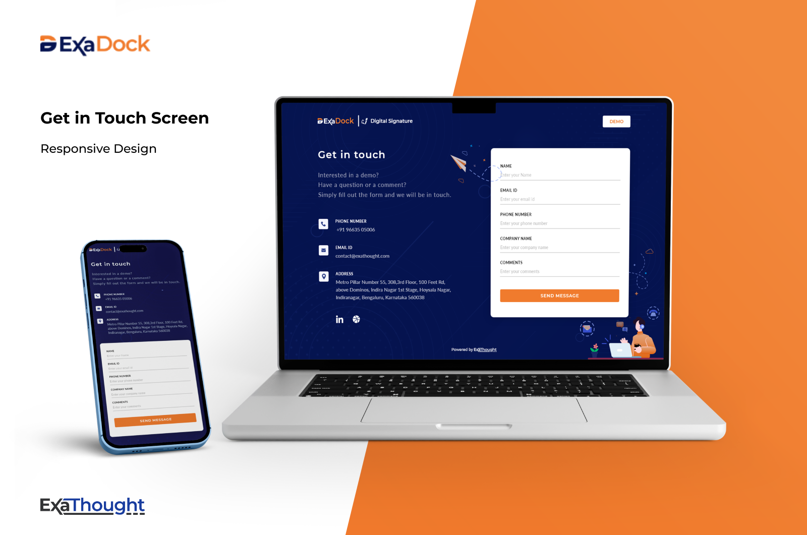 Get in Touch | Contact us screen design android blue chatbot contact us demo digital signature document exadock form get in touch home illustration input field ios management phone reach us responsive talk to us web