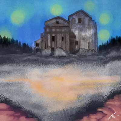 "Lost Farm" architecture art color pencil digital painting draw dream house illustration nft night painting scene water ink