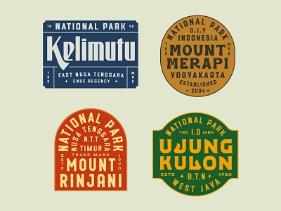 Indonesian National Park - Bagdes Part 1 adventure badge badge design badges branding design graphic design illustration minimal minimalist design mountain national park outdoor patch retro sticker type logo typography ui vintage