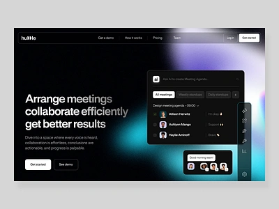 AI tool for meetings: hero, website, landing page ai app ai assistant ai design collaboration app communication gradients hero hero design landing landing page meetings page saas design site style web designer web site website website design