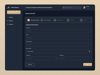 UI/UX for Real Estate, Platform for Screening Your Tenants app design dark dashboard figma form landlord premium real estate tenant ui uiuxdesign ux web web app