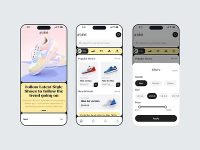 Shoe Store Mobile App adidas e commerce fashion filter minimal mobile app mobile app design mobile app ui mobile ui nike onboarding puma search filter shoe shoe app ui shoe delivery shoe mobile app shoe search shoe store ui ux