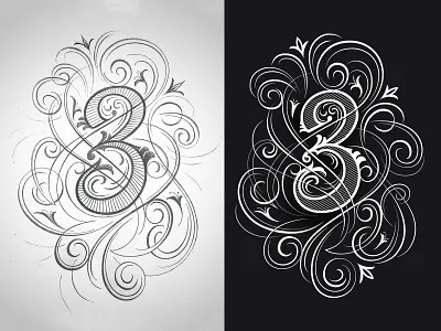 Number 3 sketch and vector flourishes lettering sketch vector