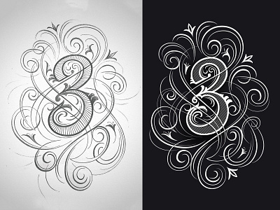 Number 3 sketch and vector flourishes lettering sketch vector