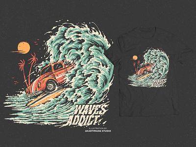 Waves Addict beach brand design digitalillustration distressed handdrawn illustration surf tshirt tshirt design vintage vintage design waves