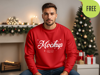Free Christmas Sweatshirt Mockup. AI Generated apparel christmas crew neck cuff fashion free freebie long sleeve male men mockup new year pullover sweater sweatshirt