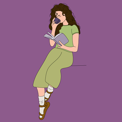 A cute girl is sitting and reading a book app branding design graphic design illustration logo typography ui ux vector