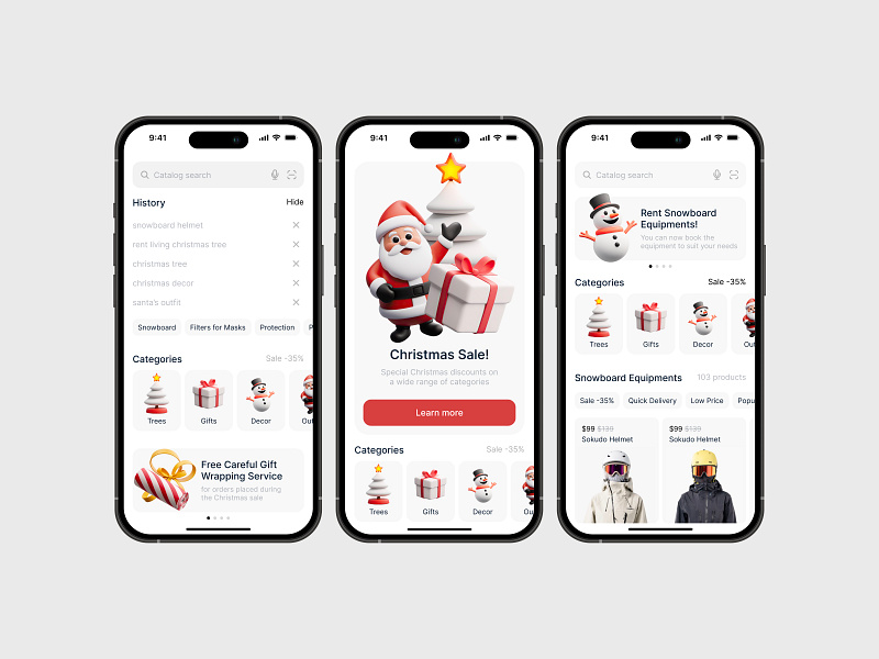 Christmas Theme for Marketplace App banner carousel categories christmas dynamic theming festive theme gift guide icons marketplace app personalization pop up popular recomendarions recomendations search history tags ui