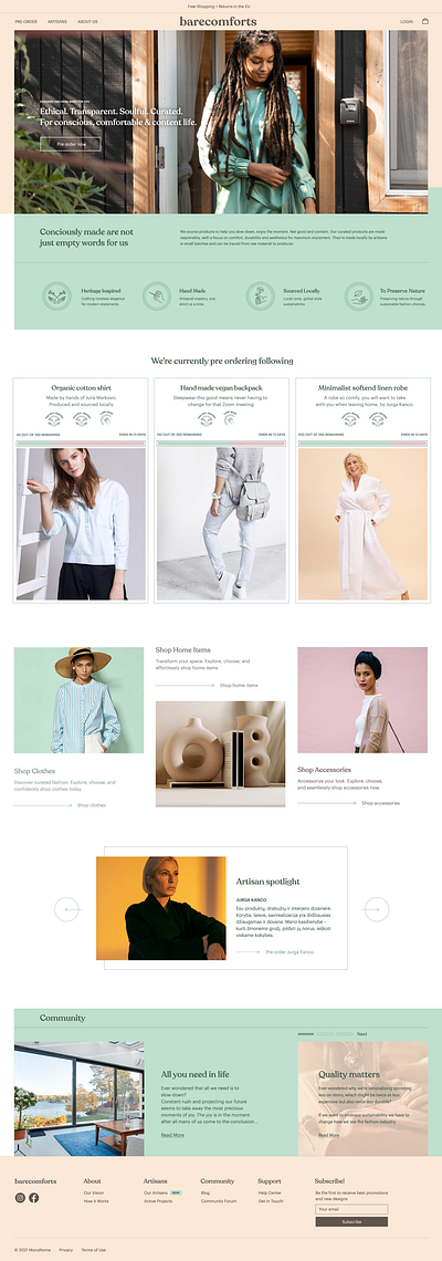 BareComforts, E-Commerce Web Design & Branding branding clothing ecommerce landing page sustainable web design