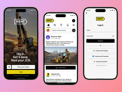 JCB Renting App: Rent Your JCB Anytime app branding design graphic design illustration inspiration jcb login page logo mobile app rent renting screen sign up typography ui ux vector