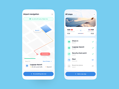 Onboarding at Airport App activity airport blue checklist clean departure flight flying futuristic illustration journey lean map onboard onboarding plane step stepper ticket world