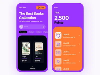 Books App badges books game gamification kit leaderboard levels points read reading rewards shop sreach trophy ui ui design uidesign uikit uikits uiux