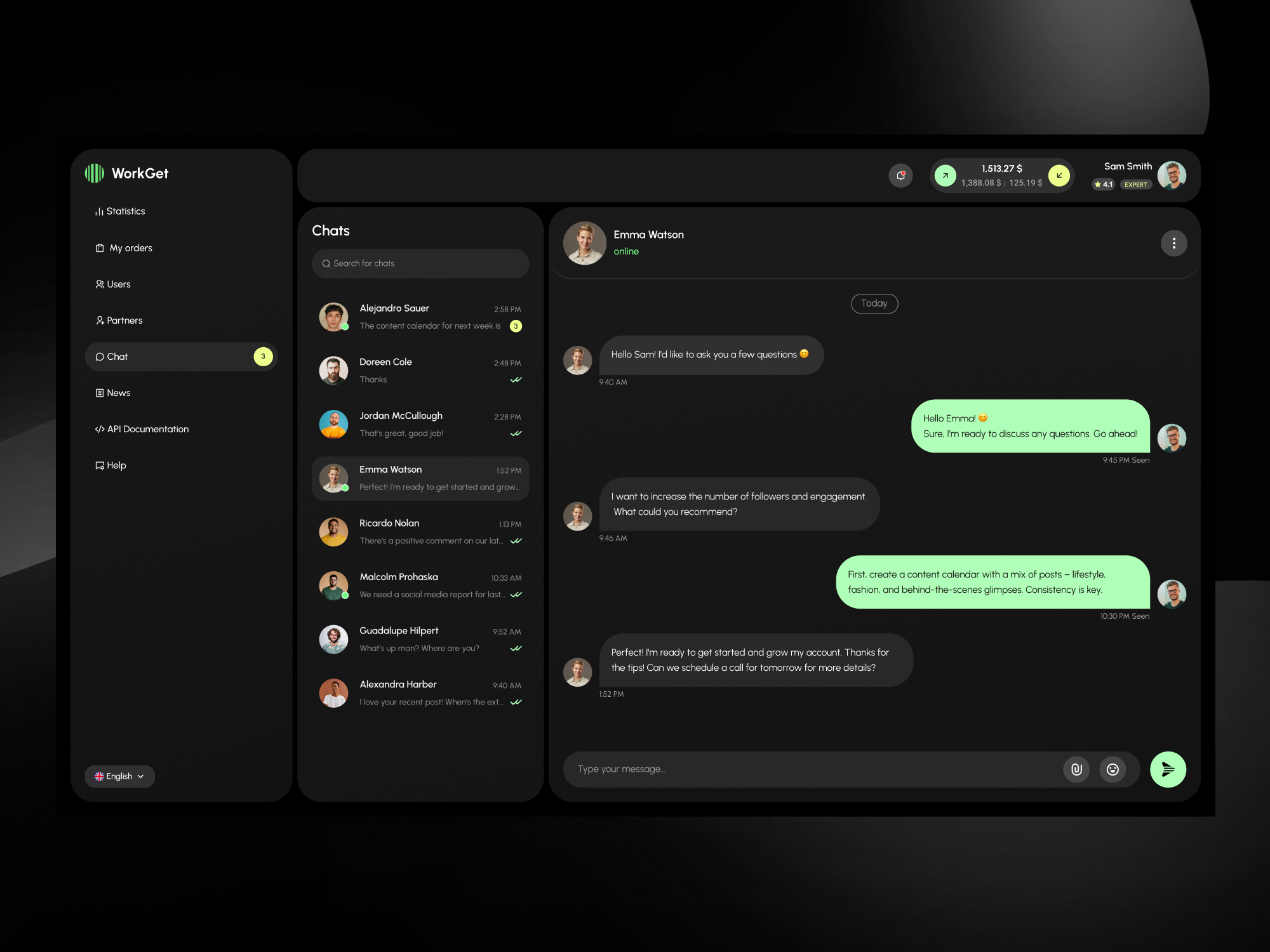 WorkGet - Web app chat clean design dark mode dashboard ui web app