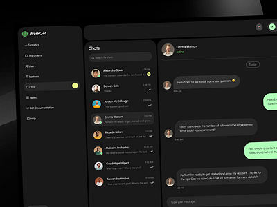 WorkGet - Web app chat clean design dark mode dashboard ui web app