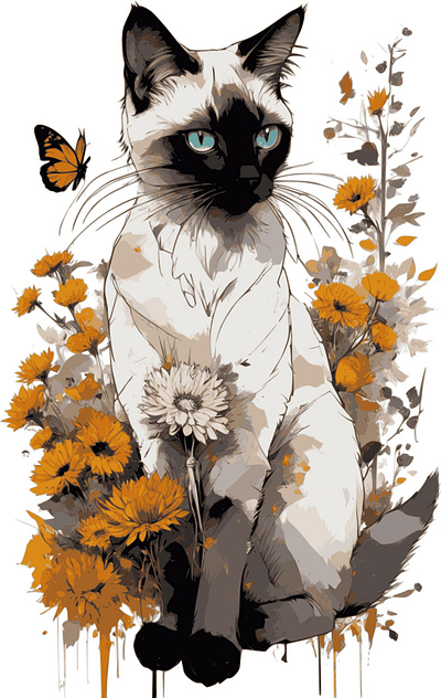 Siamese Cat With Autumn Flowers autumn flowers cat cat lover cats cute cat fall vibes siamese