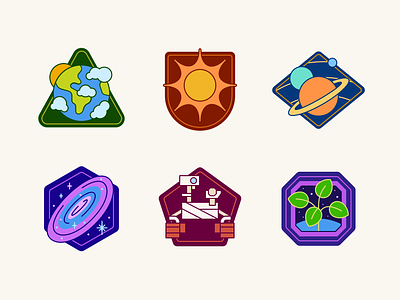 Kids science badges badge climate earth experiments galaxy icon illustration kids mars mission patch planet robot rover saturn science shield space sun universe