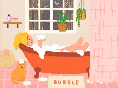 一个人的温暖冬天 bath bubble cat girl illustration warm winter