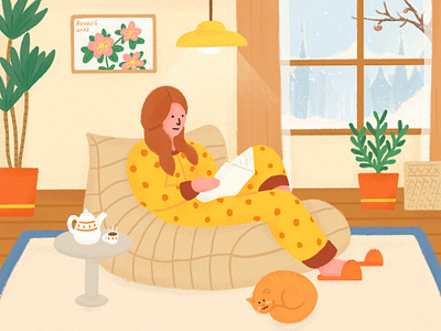 一个人的温暖冬天 cat girl illustration living room sofa warm winter yellow