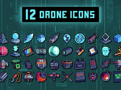 Drone 32×32 Pixel Art Icons 2d 32x32 asset assets cyberpunk drone game game assets gamedev icon icons illustration indie indie game pixel pixelart pixelated robot rpg set