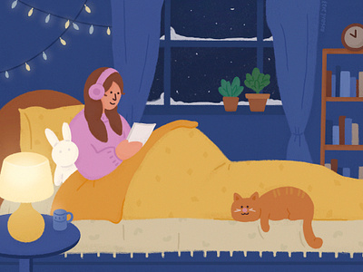 一个人的温暖冬天 bed bedroom cat girl illustration light night warm winter