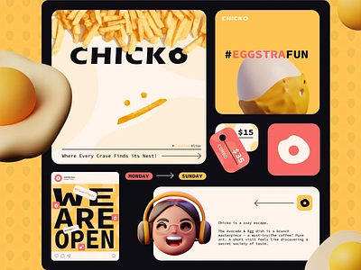 CHICKO - Brand Identity Bento 3d bento brand brand identity branding character design egg fast food flat gradient icons identity illustration logo modern playfull presentation ui vector