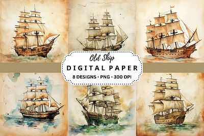 Watercolor Old Ship Digital Paper tumbler wrap