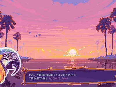 Macaw's lake [pixel art] 8bit ara aseprite game development game prototype illustration macaw palms parrot pixel artist pixelart retro games sunset ui