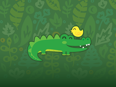 Crocodile and chicken chicken children children illustration crocodile cute design digital illustration graphic design green illustration illustrator leaf pattern