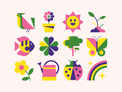 Spring icon set bird butterfly clover fish flat flower icon set icons ladybug leo alexandre nature pot rainbow spring sprout summer sun tree vector watering can