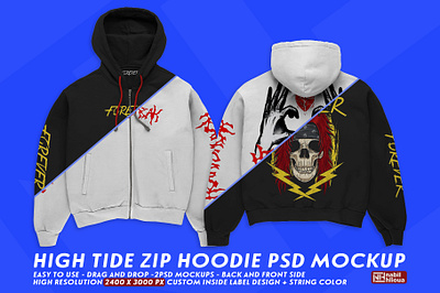 High Tide full Zip Hoodie PSD Mockup - back and front back back and front front full full zip high tide hoodie layered mock up mockup mockups photoshop pod print on demand psd pullover realistic streetwear zip zipped