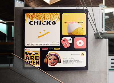 CHICKO - Brand Identity 3d bento brand branding character design eggs fastfood fries graphic design illustration logo minimal mockup social media ui vector
