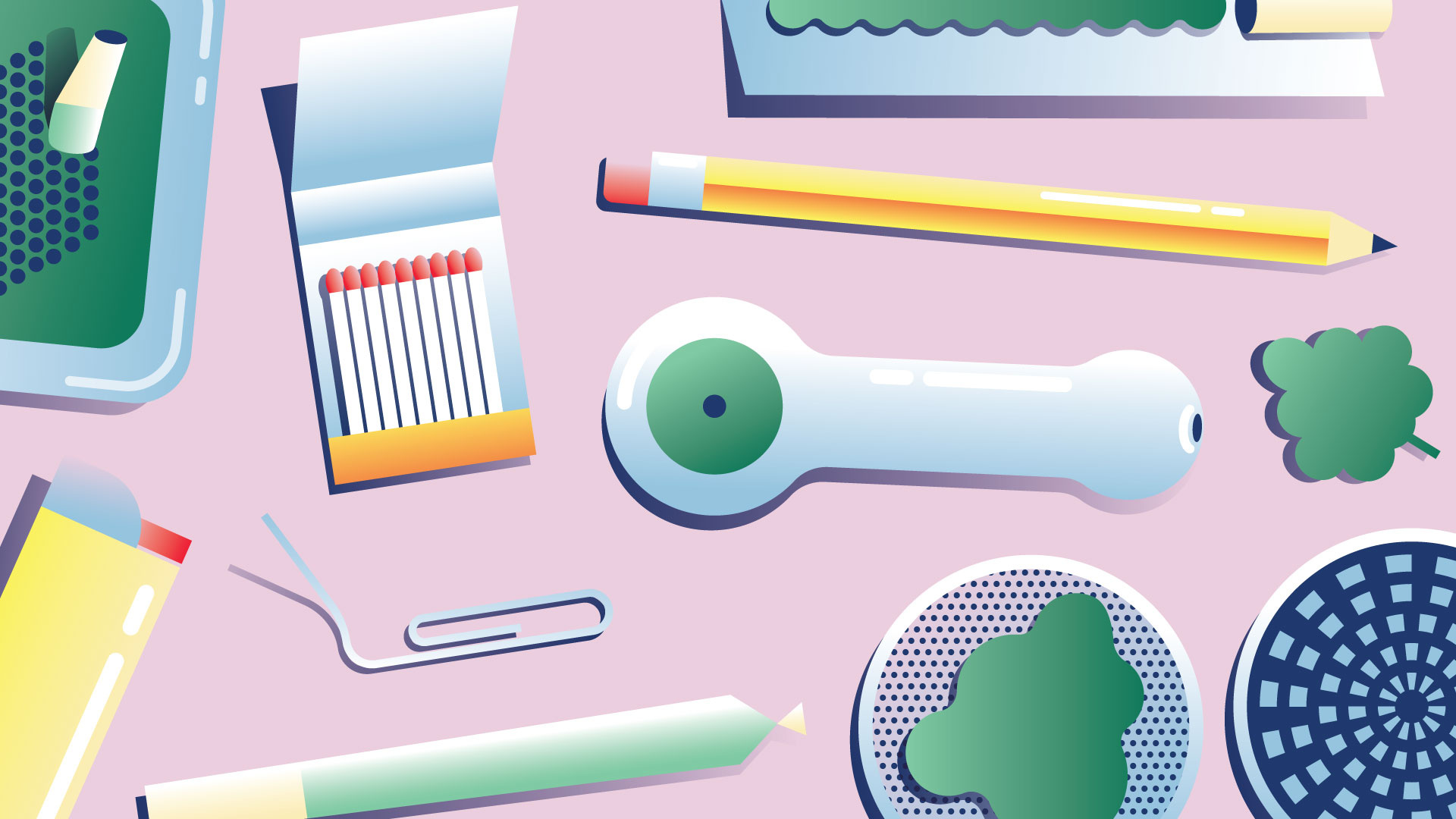 Weed Stuff bowl cannabis gradients illustration joint lighter matches pencil stuff top down weed