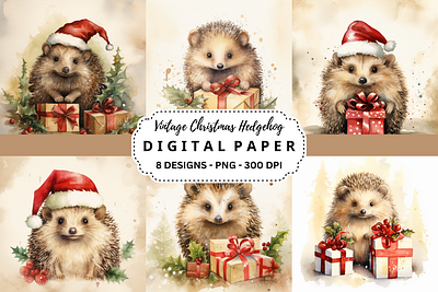 Vintage Christmas Hedgehog Background christmas designs hedgehog printing vintage watercolor