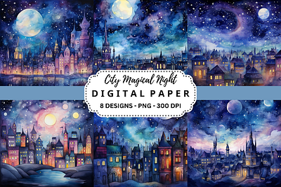 City Magical Night Digital Paper commercial use art